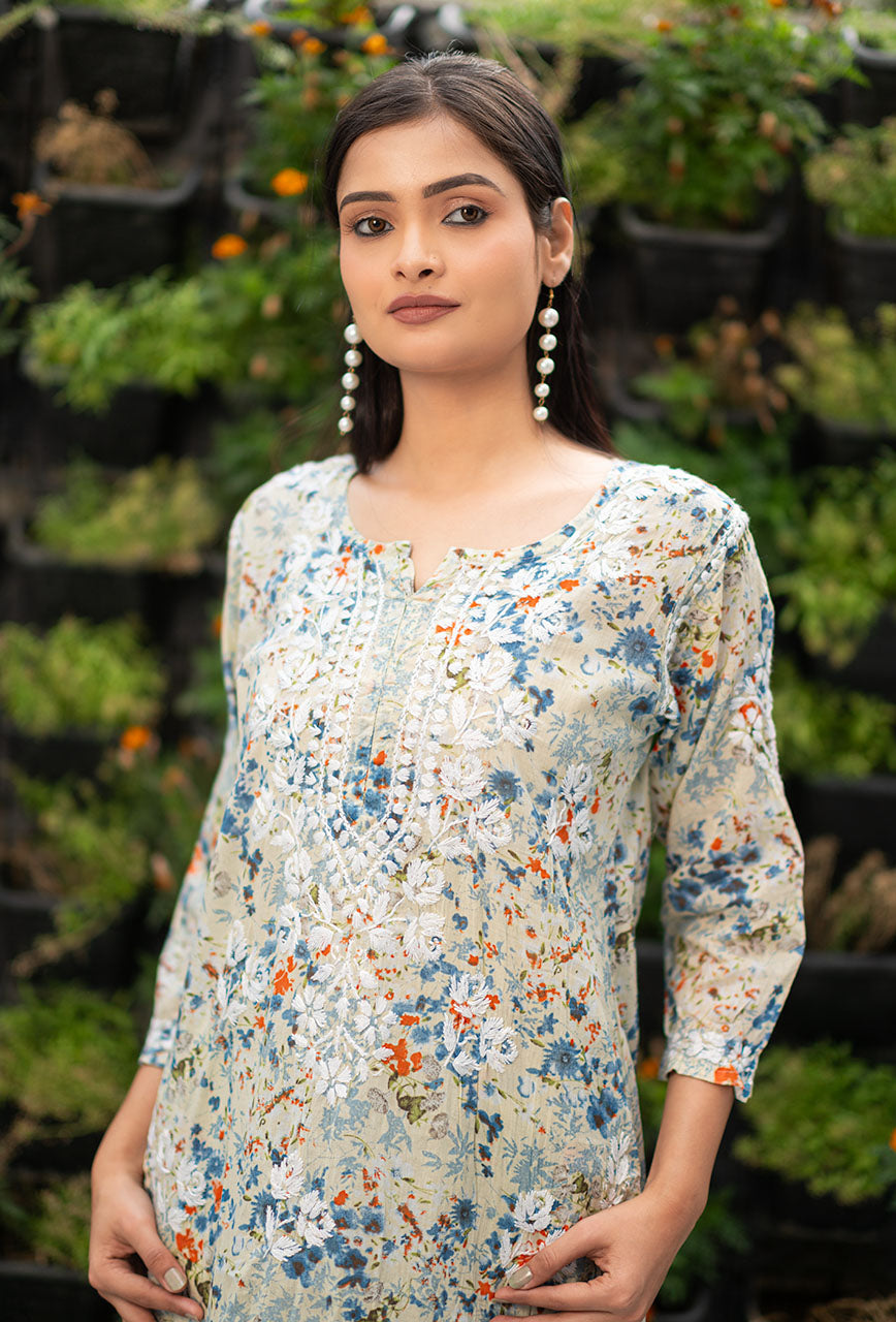 Women's Lucknowi Chikankari Handwork Mulmul Print Kurti & Palazzo Set