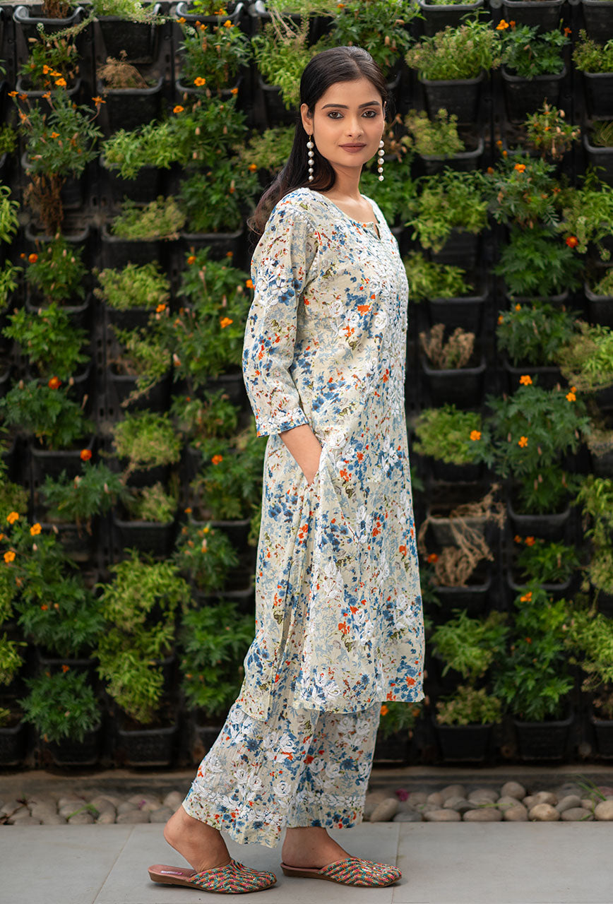 Women's Lucknowi Chikankari Handwork Mulmul Print Kurti & Palazzo Set