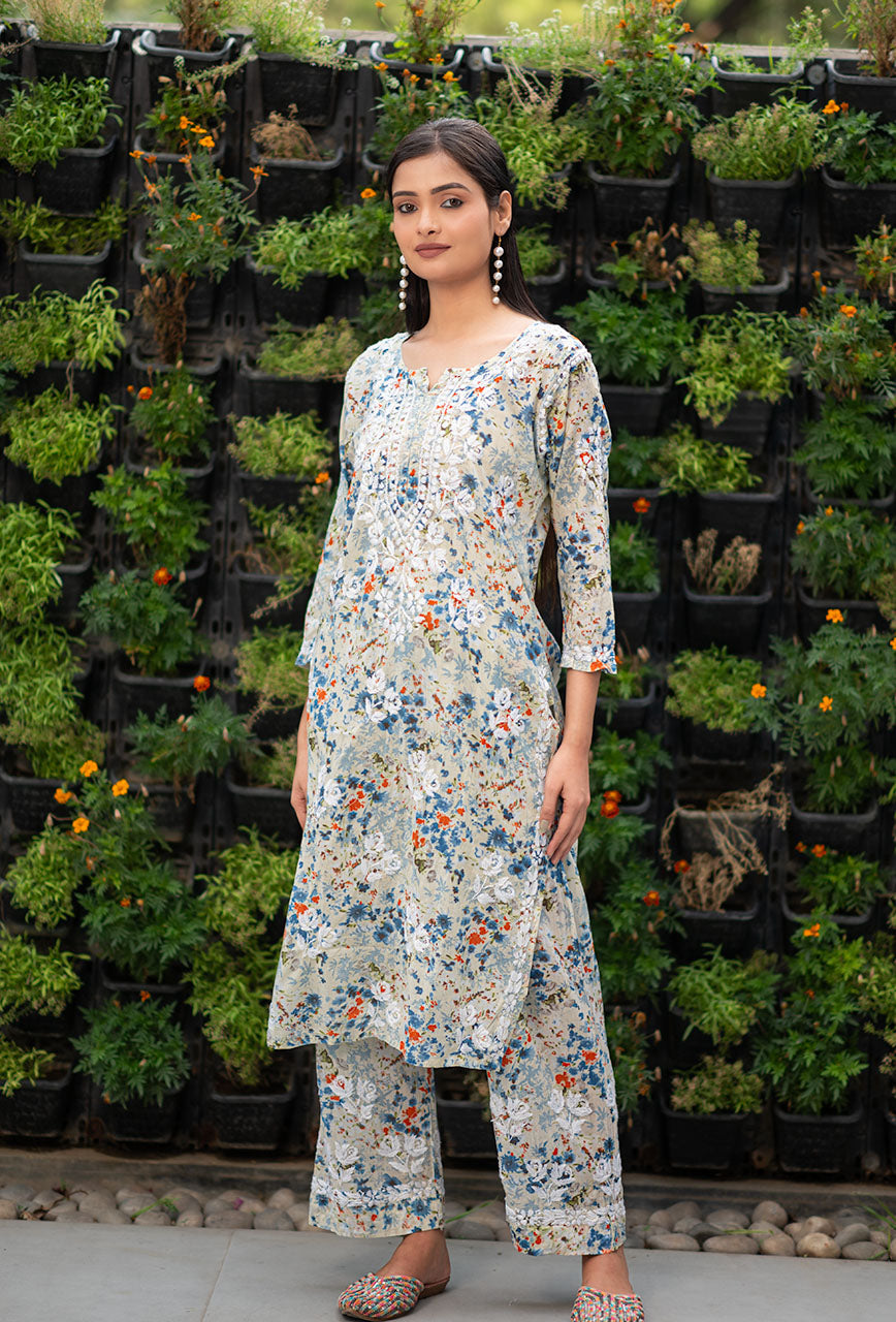 Women's Lucknowi Chikankari Handwork Mulmul Print Kurti & Palazzo Set