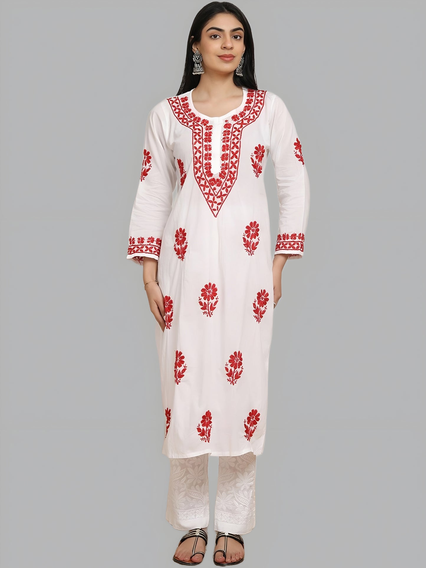 Sheen White Base Mulmul Straight Fit Long Chikankari kurti With Colorful Threadworks