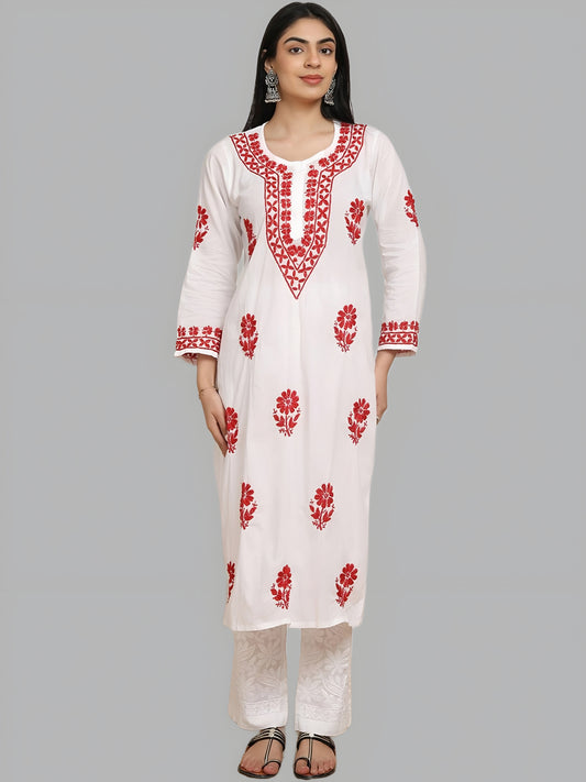 Sheen White Base Mulmul Straight Fit Long Chikankari kurti With Colorful Threadworks