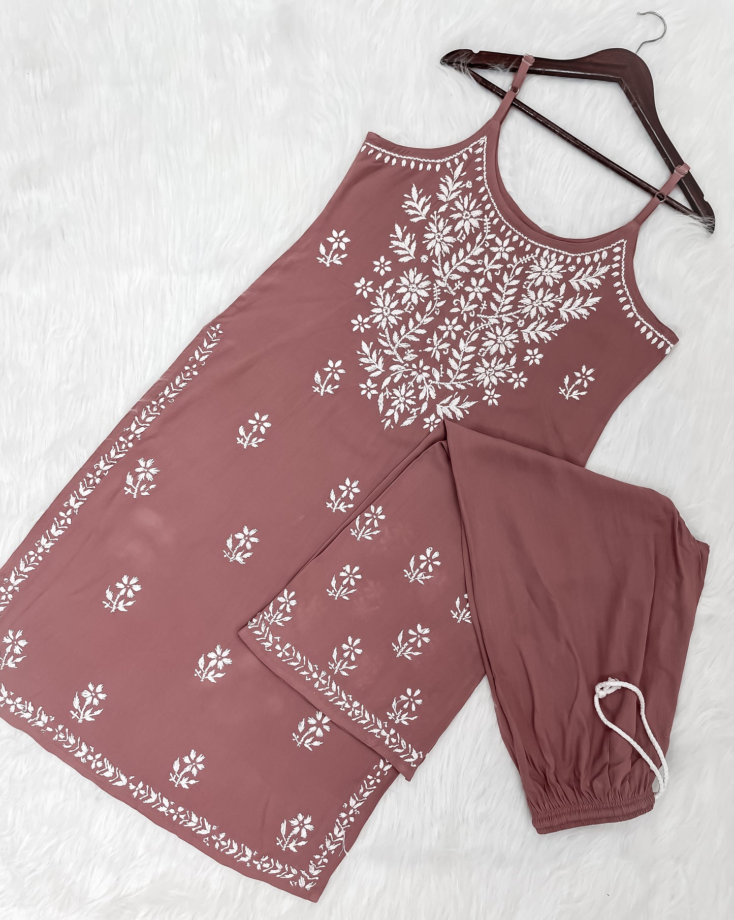 Mansha Chikankari Strappy Rayon Kurti & Palazzo Co-Ord Set (Adjustable Strap)