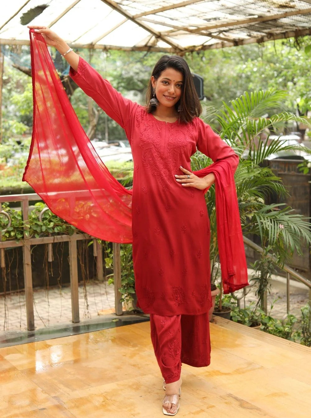 Ombre Dyed Shaded Rayon Lucknowi Chikankari Kurti, Palazzo and Dupatta Set.