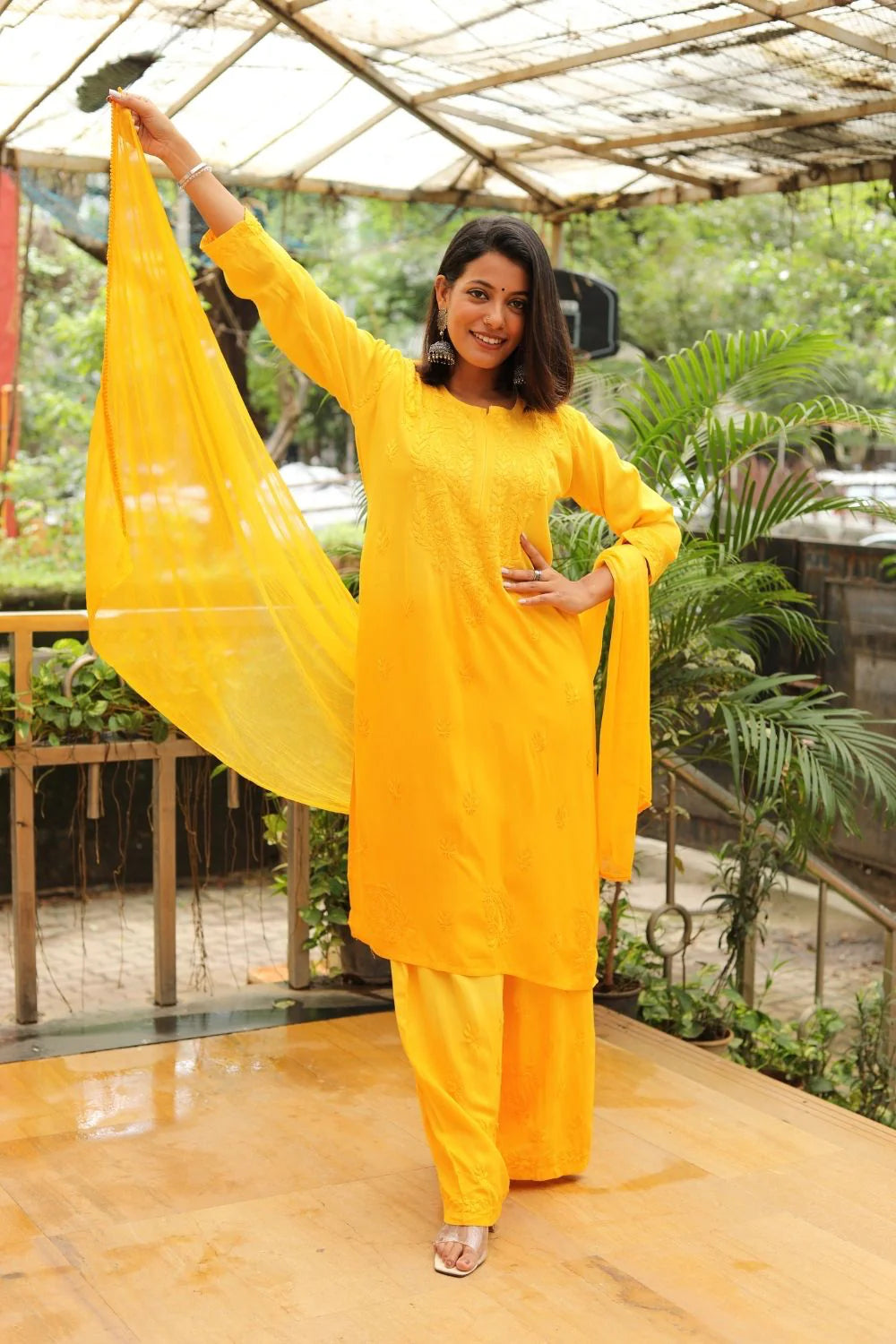 Ombre Dyed Shaded Rayon Lucknowi Chikankari Kurti, Palazzo and Dupatta Set.