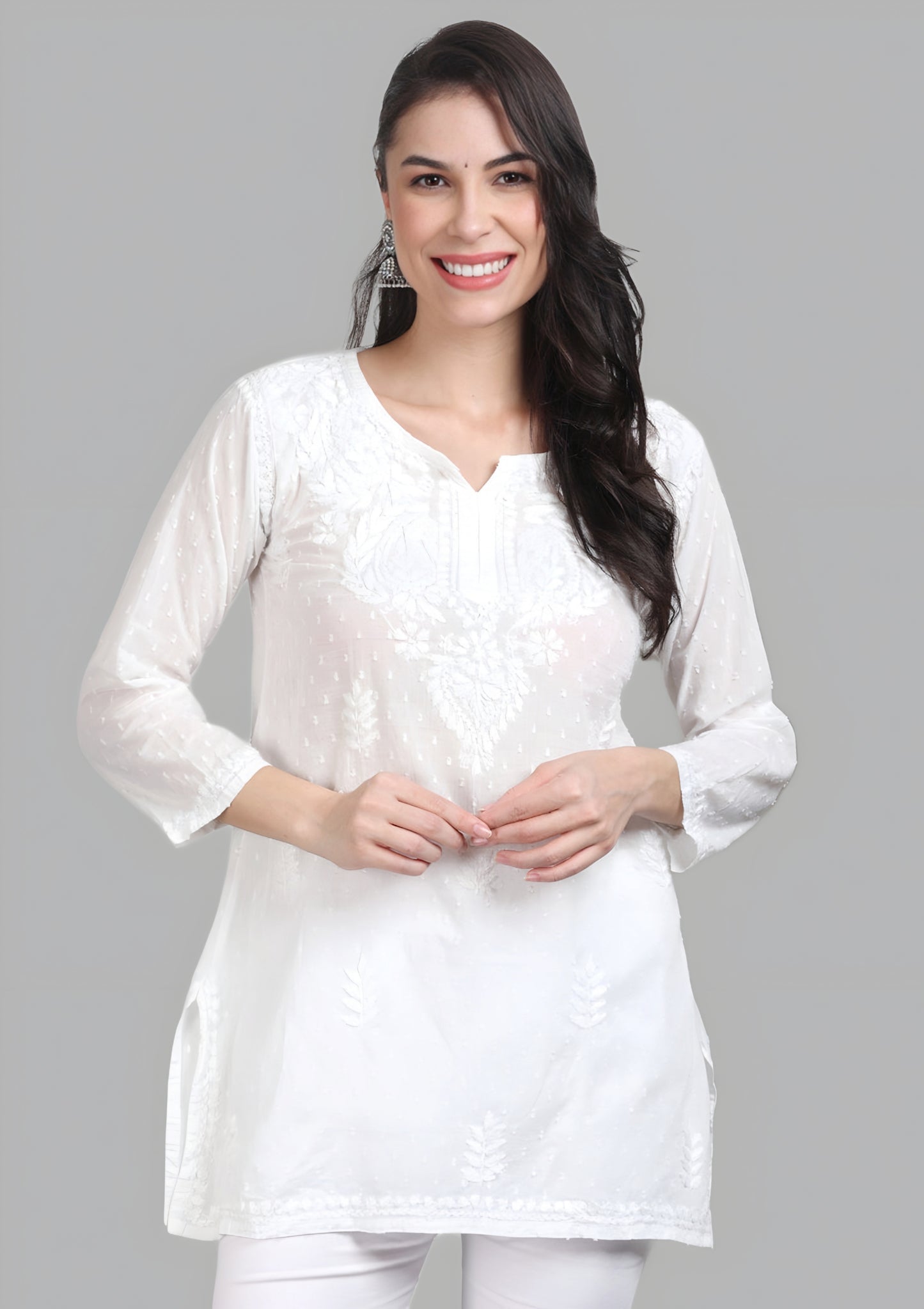 Sakina Women's White Lucknowi Chikankari Short Top – Pure Cotton Straight Short Kurti