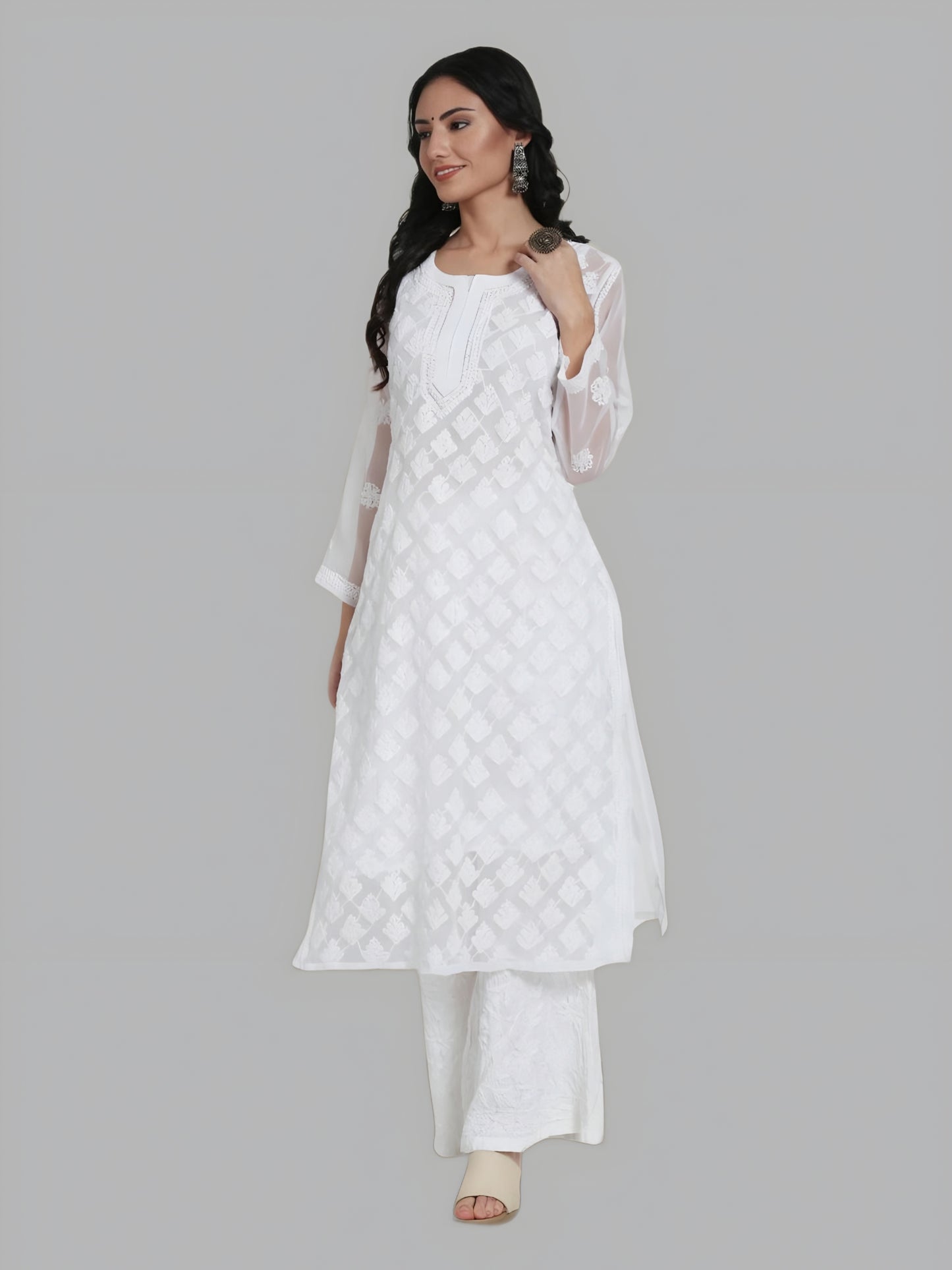 Halima Chiffon Georgette White Chikankari Booti Jaal Kurti With Matching Cotton Inner
