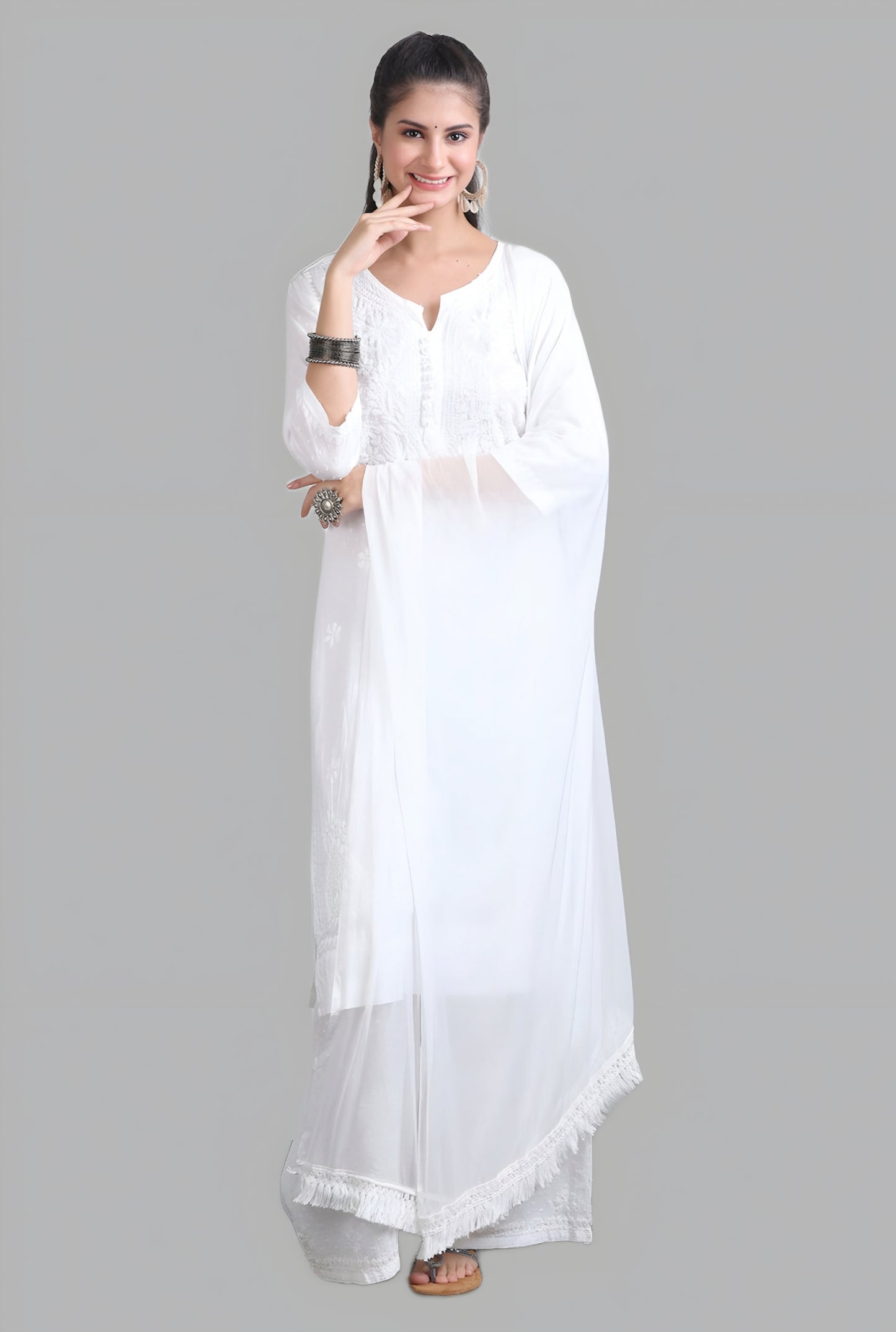 Midhat Women’s White Lucknowi Chikankari Cotton Kurti, Palazzo & Dupatta Set
