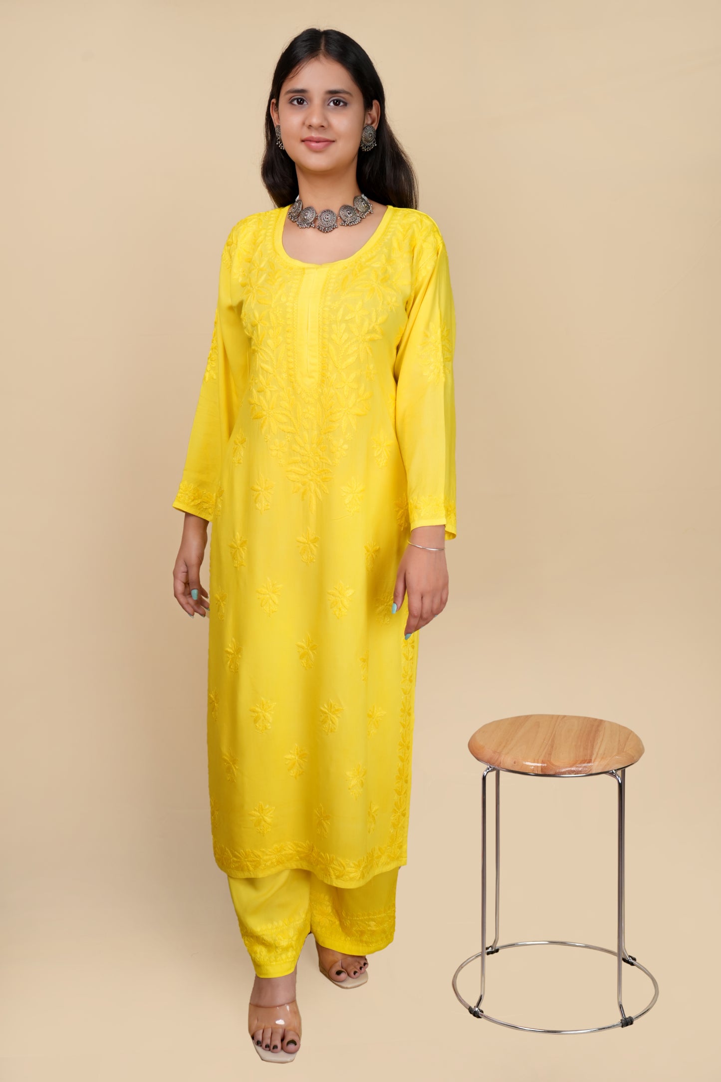 Women's Exclusive Dyed Straight Rayon Lucknowi Chikankari Kurti & Palazzo Set.