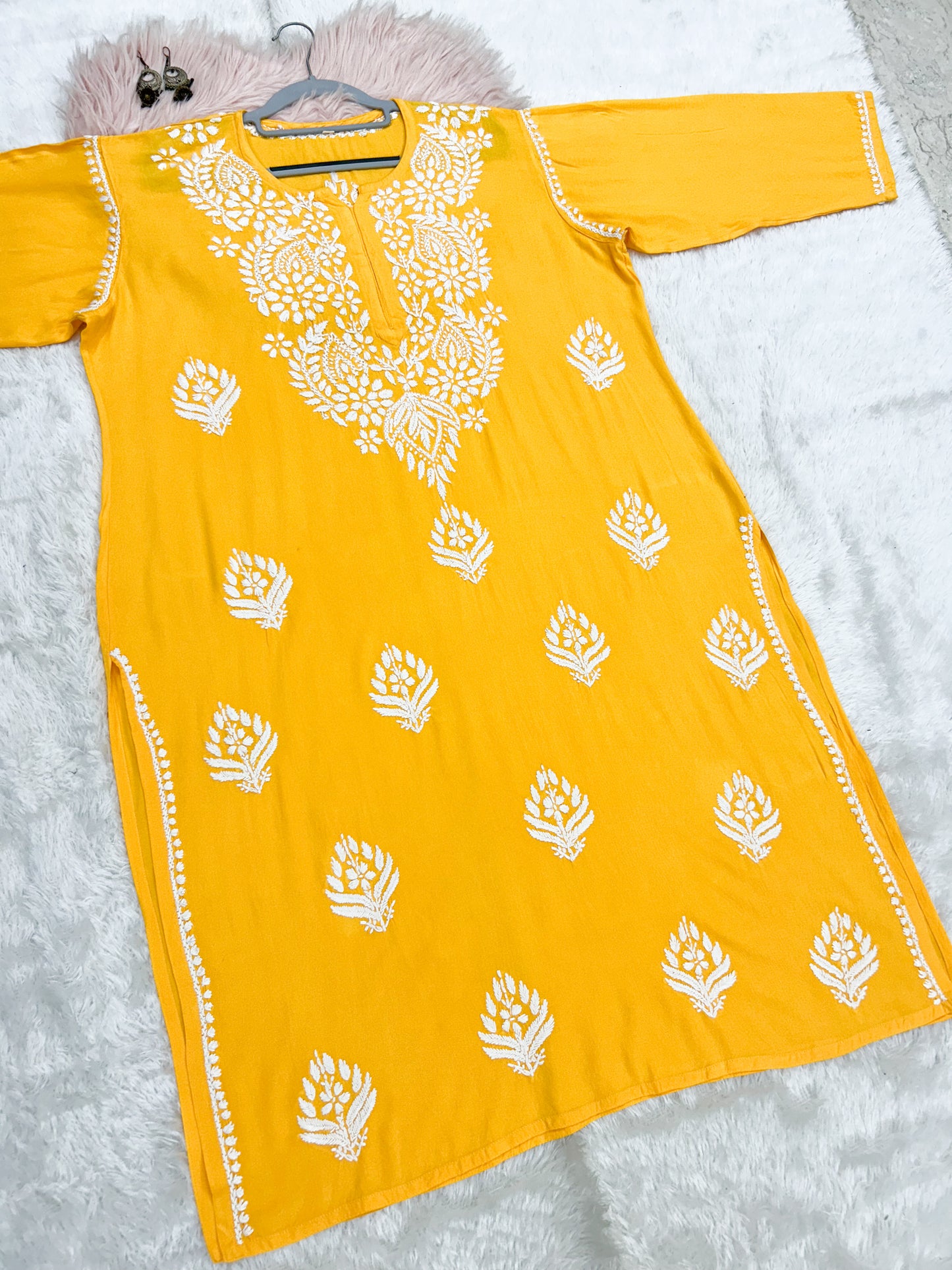 yellow rayon plus size chikankari kurti 1