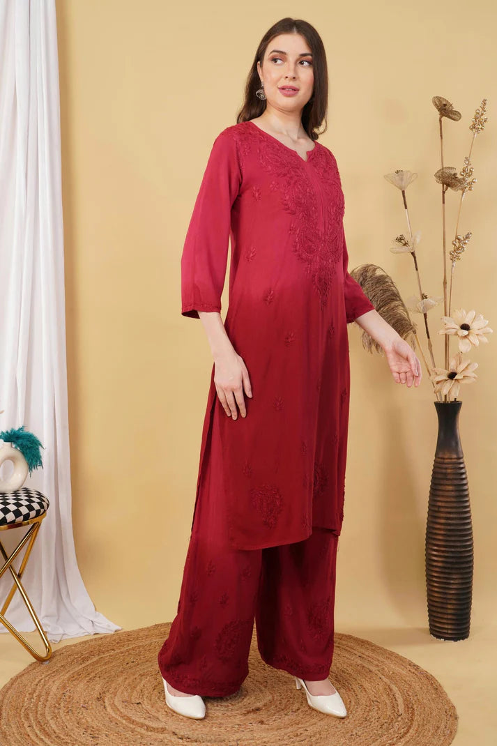 Maroon Ananya Shaded Rayon Kurti, Palazzo & Dupatta Set