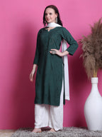 Bottle Green Saliha 3D Rayon Chikankari Kurti with Muquesh Work