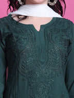 Bottle Green Saliha 3D Rayon Chikankari Kurti with Muquesh Work