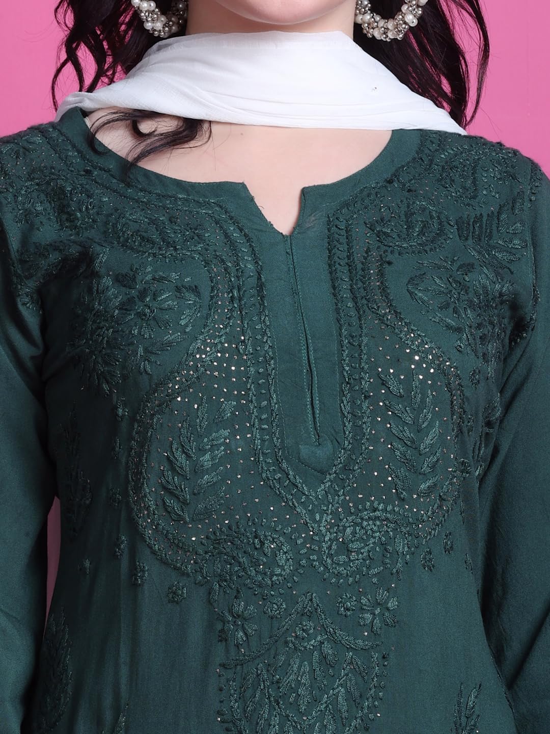 Bottle Green Saliha 3D Rayon Chikankari Kurti with Muquesh Work