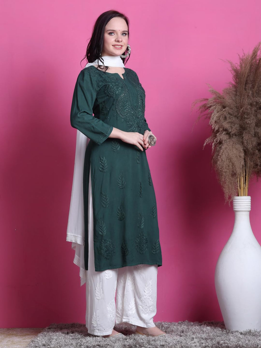 Bottle Green Saliha 3D Rayon Chikankari Kurti with Muquesh Work