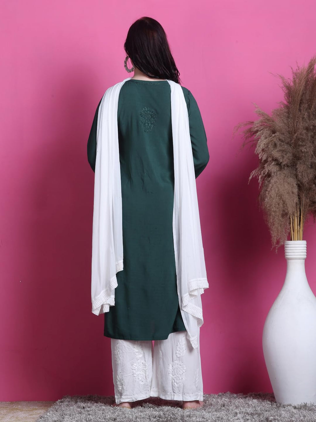 Bottle Green Saliha 3D Rayon Chikankari Kurti with Muquesh Work