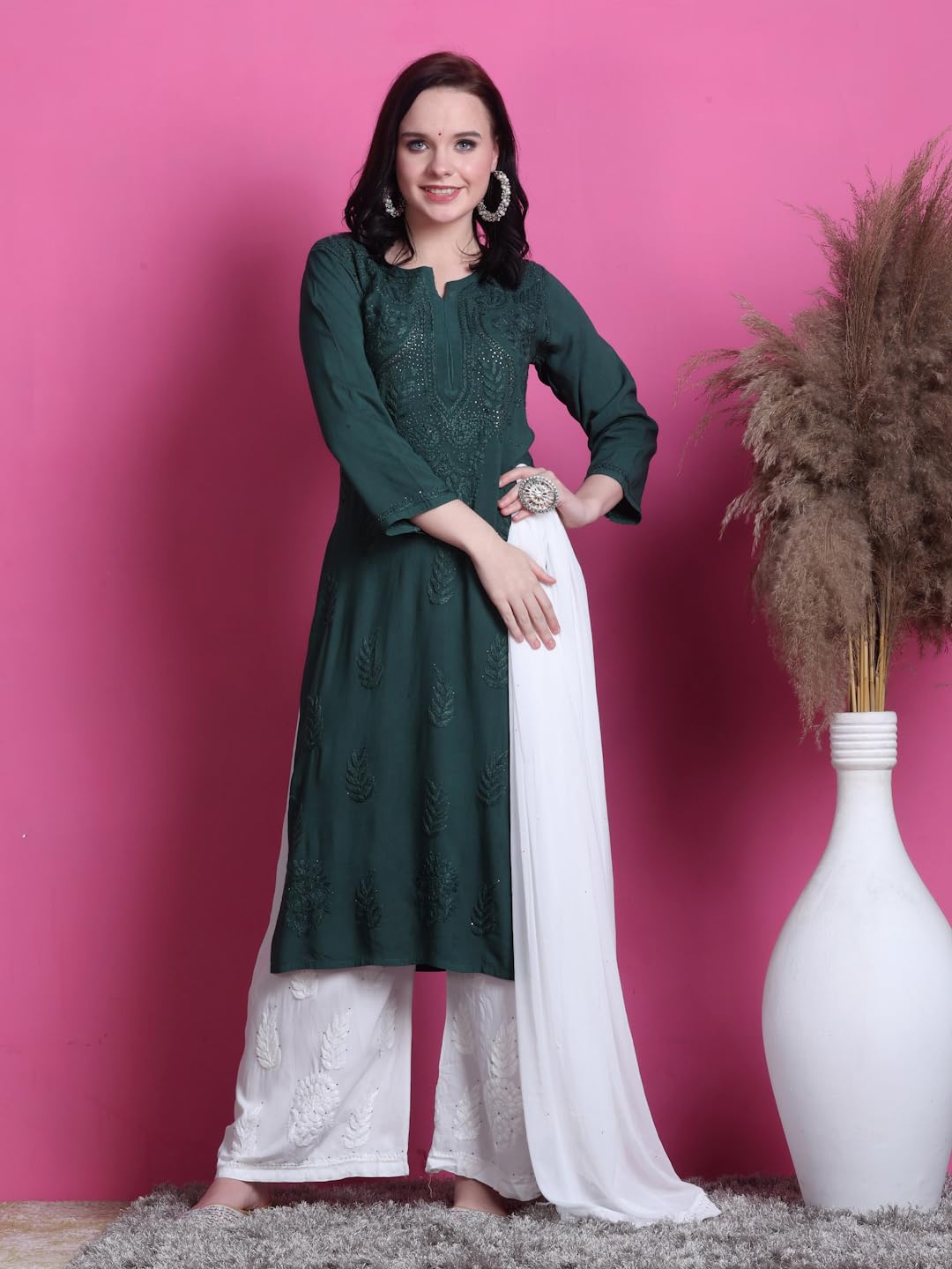 Bottle Green Saliha 3D Rayon Chikankari Kurti with Muquesh Work