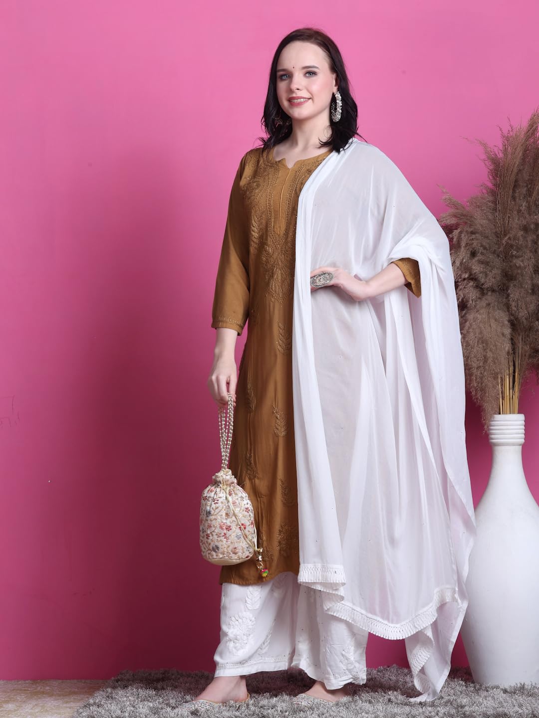 Mustard Saliha 3D Rayon Chikankari Kurti with Muquesh Work
