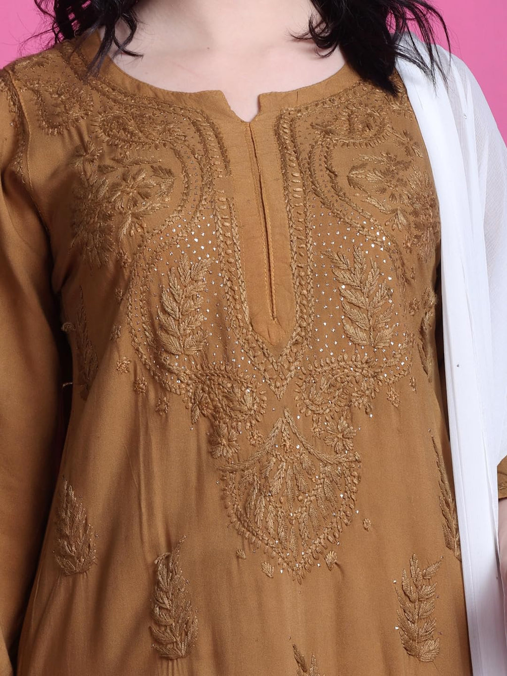 Mustard Saliha 3D Rayon Chikankari Kurti with Muquesh Work