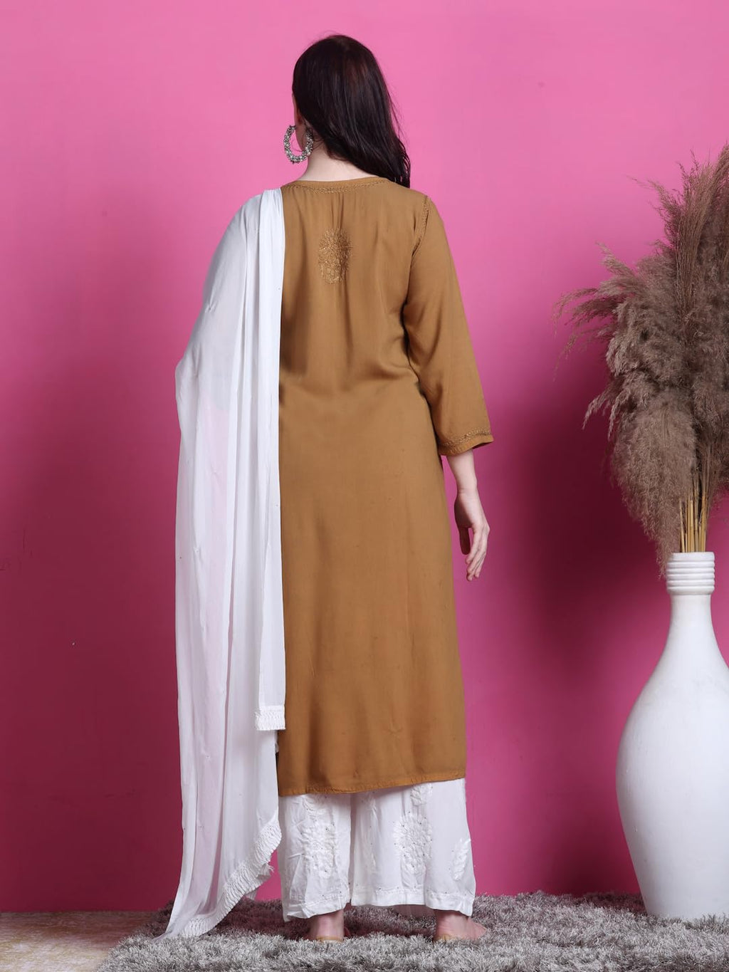 Mustard Saliha 3D Rayon Chikankari Kurti with Muquesh Work