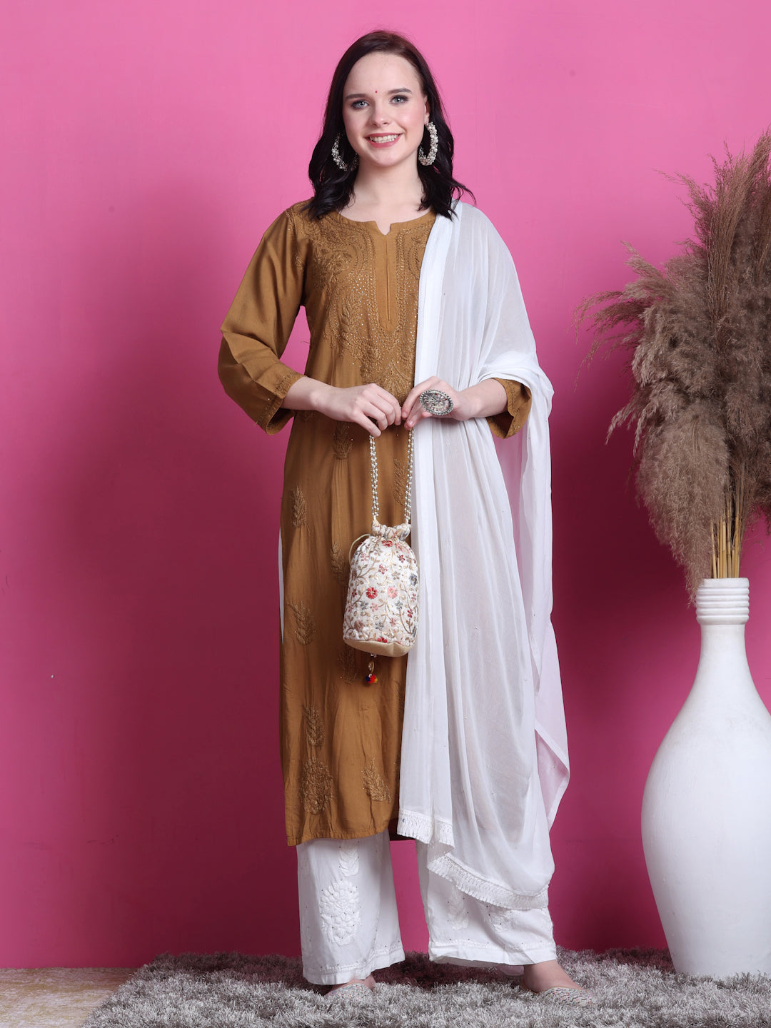 Mustard Saliha 3D Rayon Chikankari Kurti with Muquesh Work