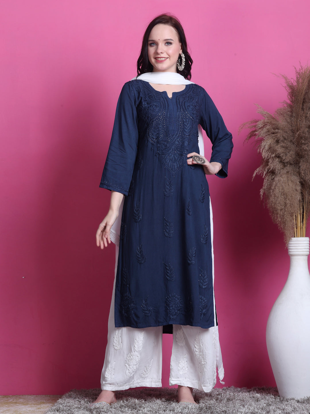 Navy Blue Saliha 3D Rayon Chikankari Kurti with Muquesh Work