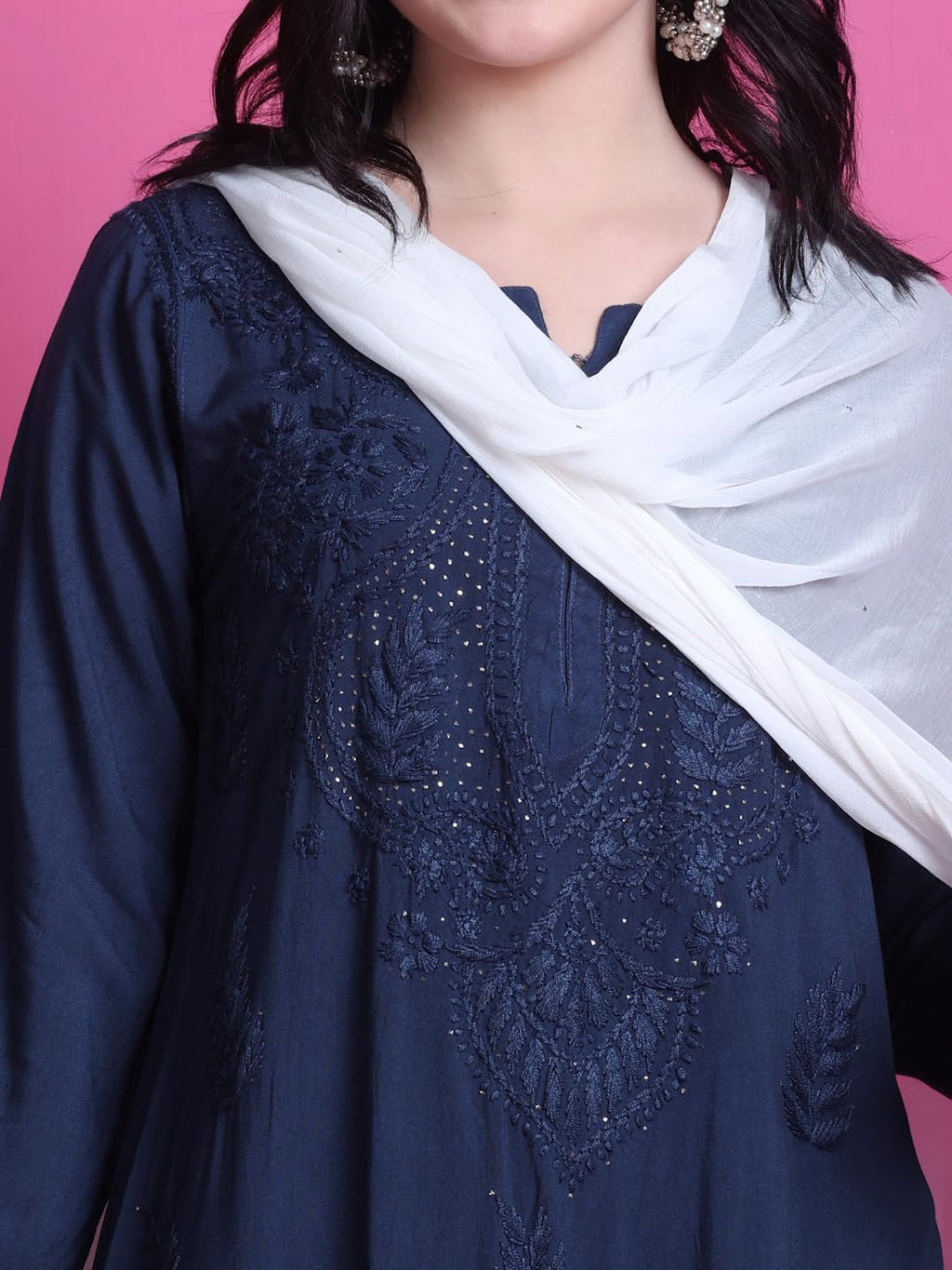 Navy Blue Saliha 3D Rayon Chikankari Kurti with Muquesh Work