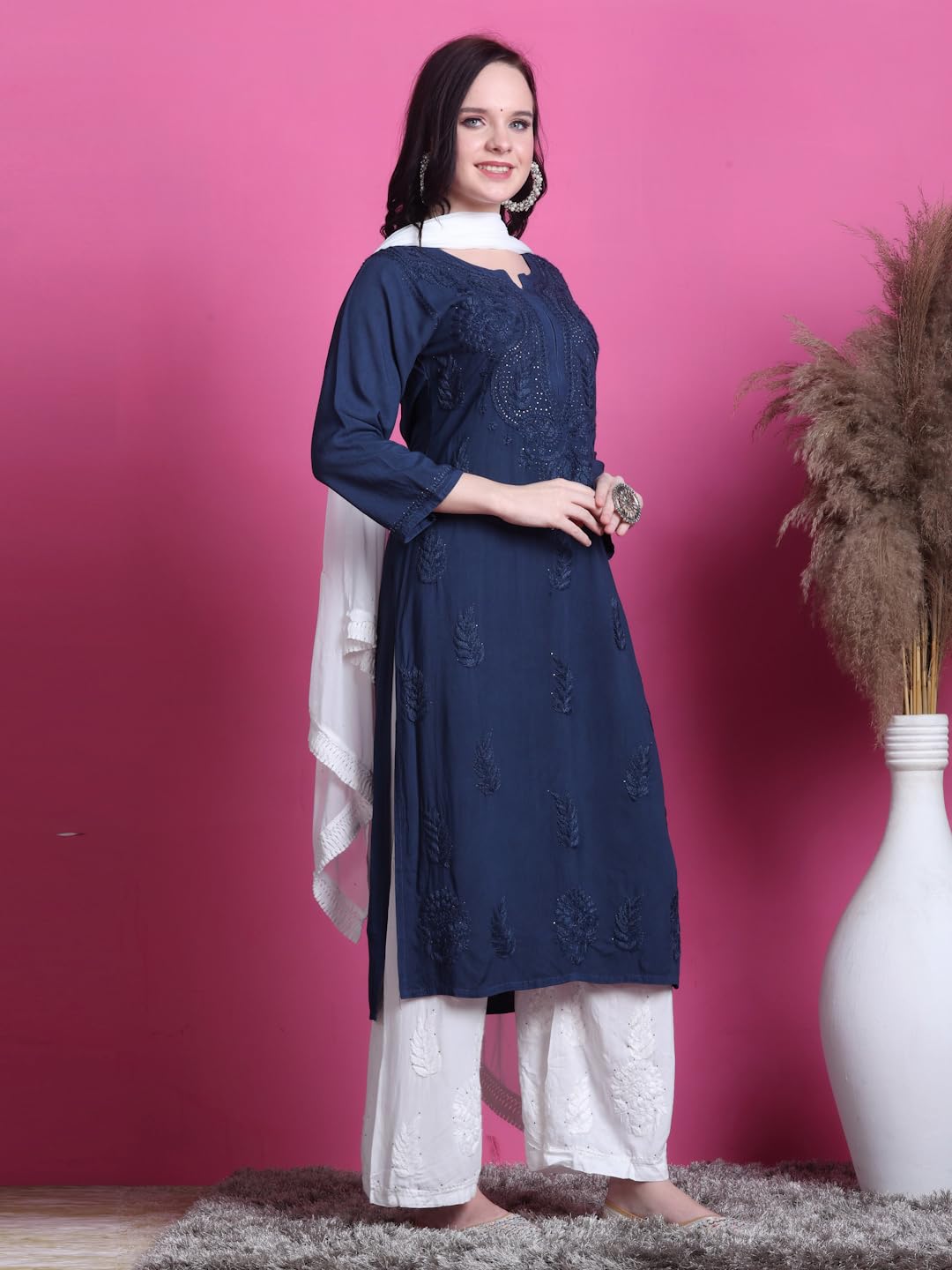 Navy Blue Saliha 3D Rayon Chikankari Kurti with Muquesh Work