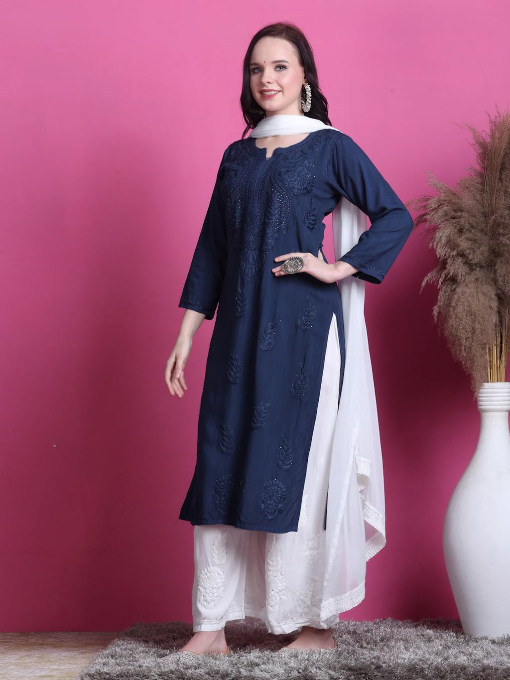 Navy Blue Saliha 3D Rayon Chikankari Kurti with Muquesh Work