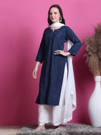 Navy Blue Saliha 3D Rayon Chikankari Kurti with Muquesh Work