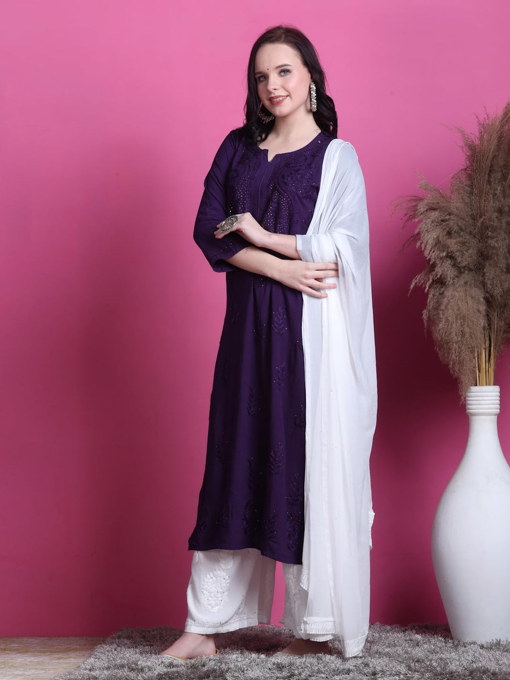 Purple Saliha 3D Rayon Chikankari Kurti with Muquesh Work