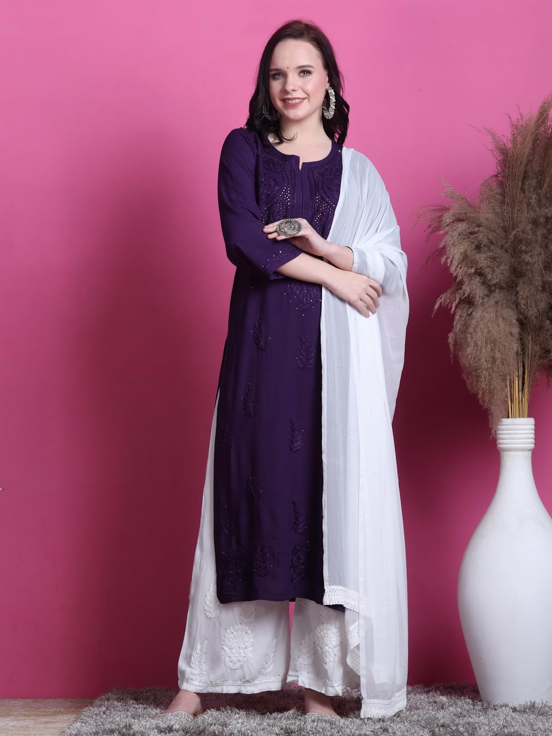 Purple Saliha 3D Rayon Chikankari Kurti with Muquesh Work