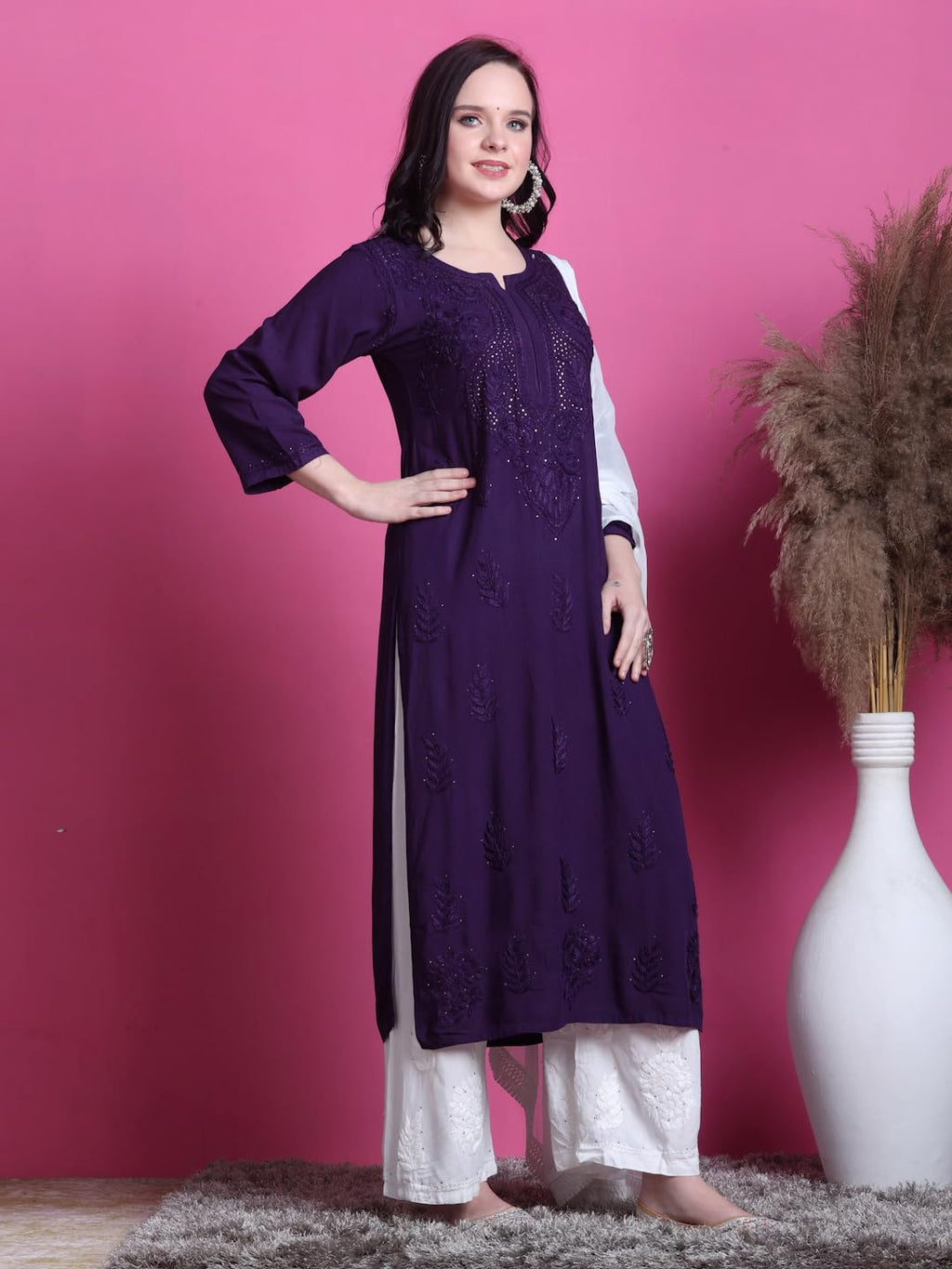 Purple Saliha 3D Rayon Chikankari Kurti with Muquesh Work