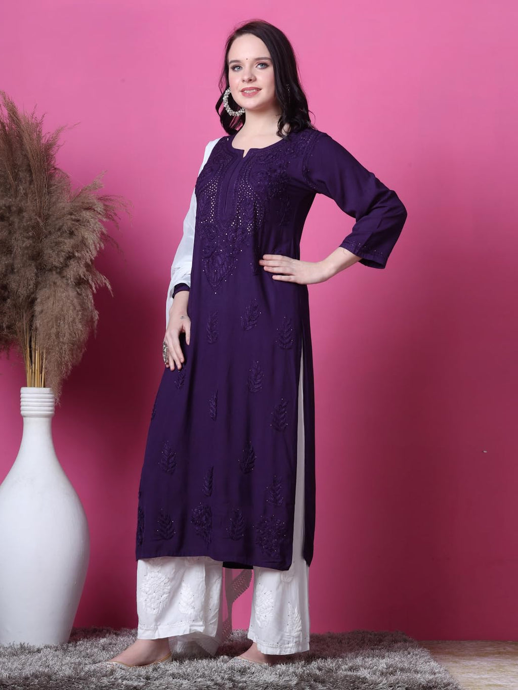 Purple Saliha 3D Rayon Chikankari Kurti with Muquesh Work