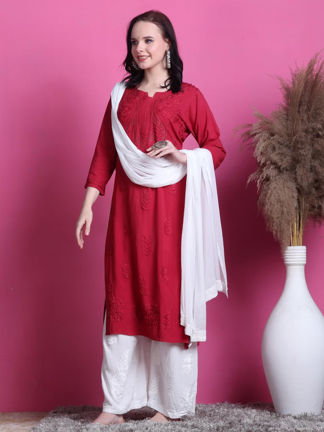 Red Saliha 3D Rayon Chikankari Kurti with Muquesh Work