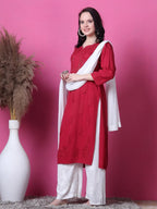 Red Saliha 3D Rayon Chikankari Kurti with Muquesh Work