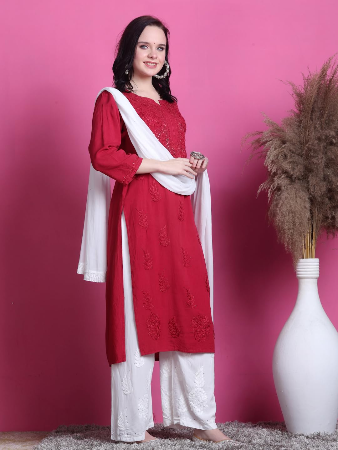 Red Saliha 3D Rayon Chikankari Kurti with Muquesh Work