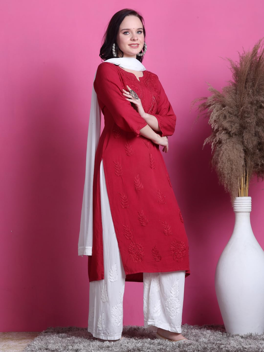 Red Saliha 3D Rayon Chikankari Kurti with Muquesh Work