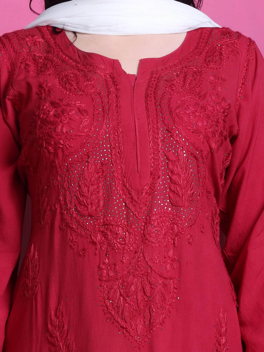 Red Saliha 3D Rayon Chikankari Kurti with Muquesh Work