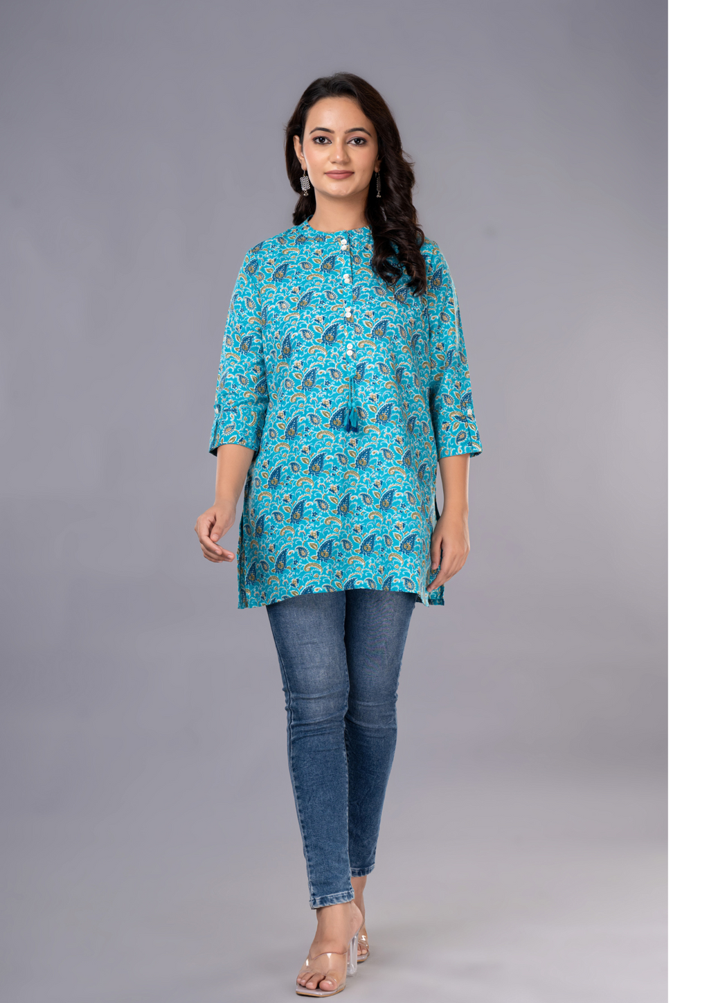 Rama Green Aarzo Printed Short Cotton Kurti