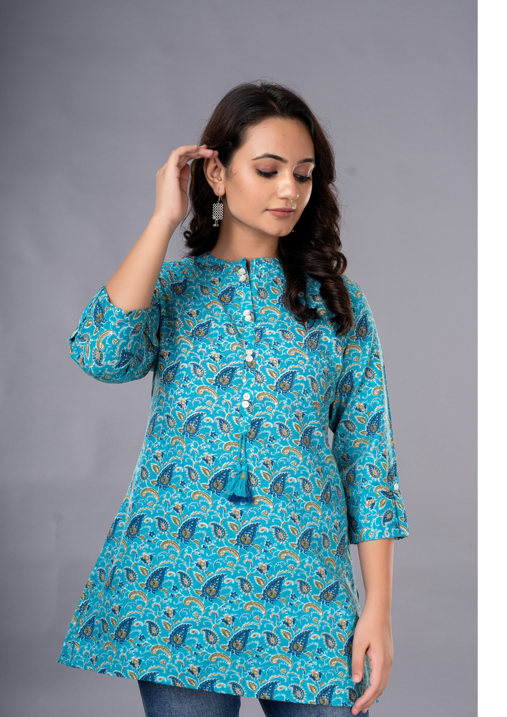 Rama Green Aarzo Printed Short Cotton Kurti