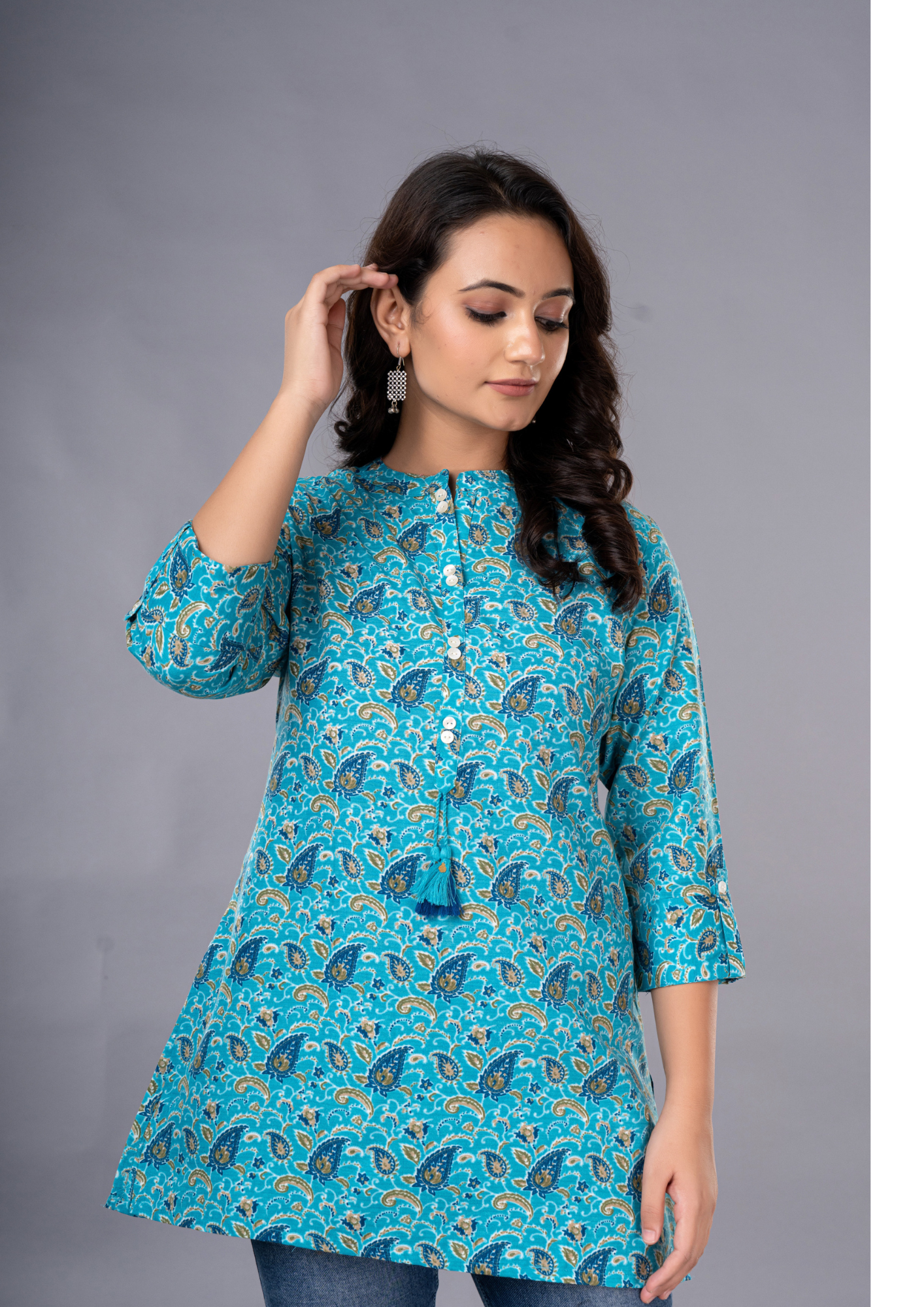 Rama Green Aarzo Printed Short Cotton Kurti