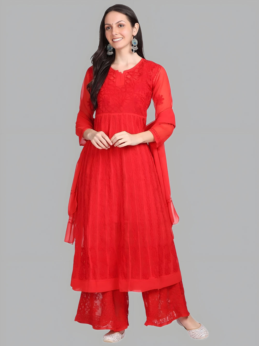 Yakta Faux Georgette Chikankari Flared Anarkali with Matching Dupatta & Cotton Inner