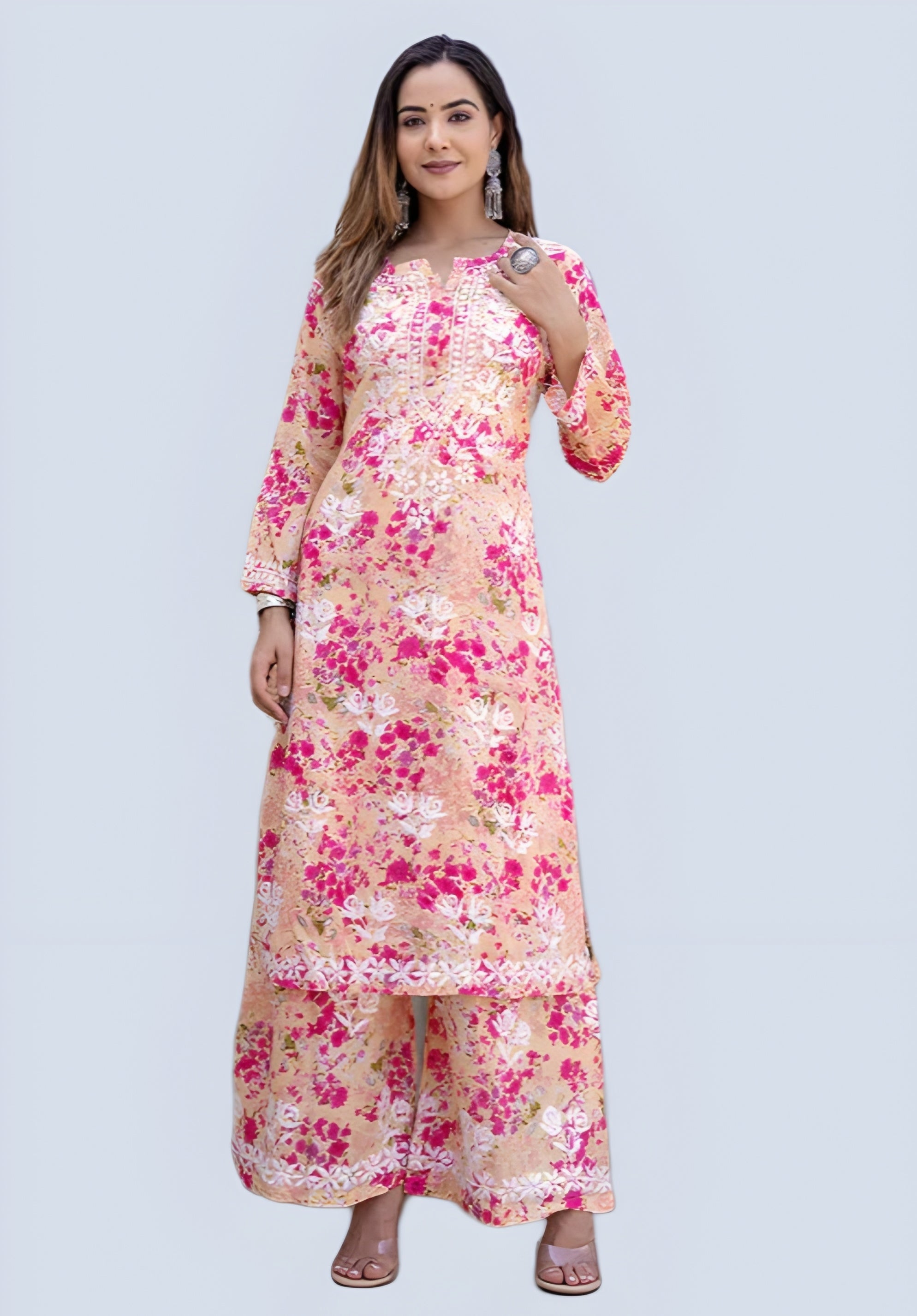 Pink Wafa Printed Mulmul Kurti & Palazzo Set