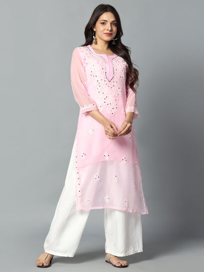 Chikankari Chiffon Georgette Straight Kurti With Real Pasted Mirror Work & Matching Cotton Inner