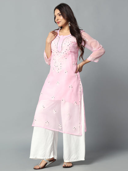 Chikankari Chiffon Georgette Straight Kurti With Real Pasted Mirror Work & Matching Cotton Inner