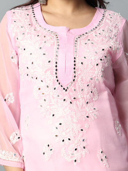 Chikankari Chiffon Georgette Straight Kurti With Real Pasted Mirror Work & Matching Cotton Inner