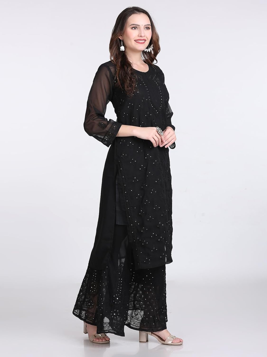 Hala Georgette Muquesh Embellishments Kurta, Sharara & Dupatta Set With Matching Cotton inner