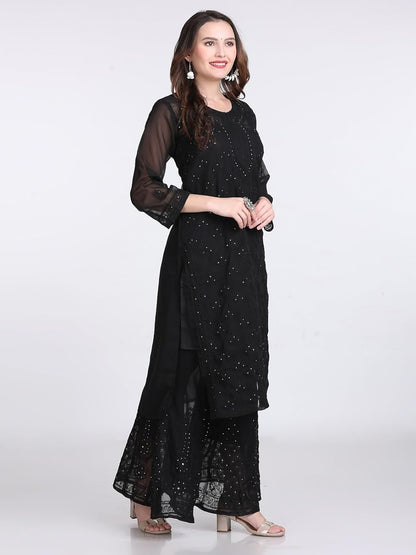 Hala Georgette Muquesh Embellishments Kurta, Sharara & Dupatta Set With Matching Cotton inner