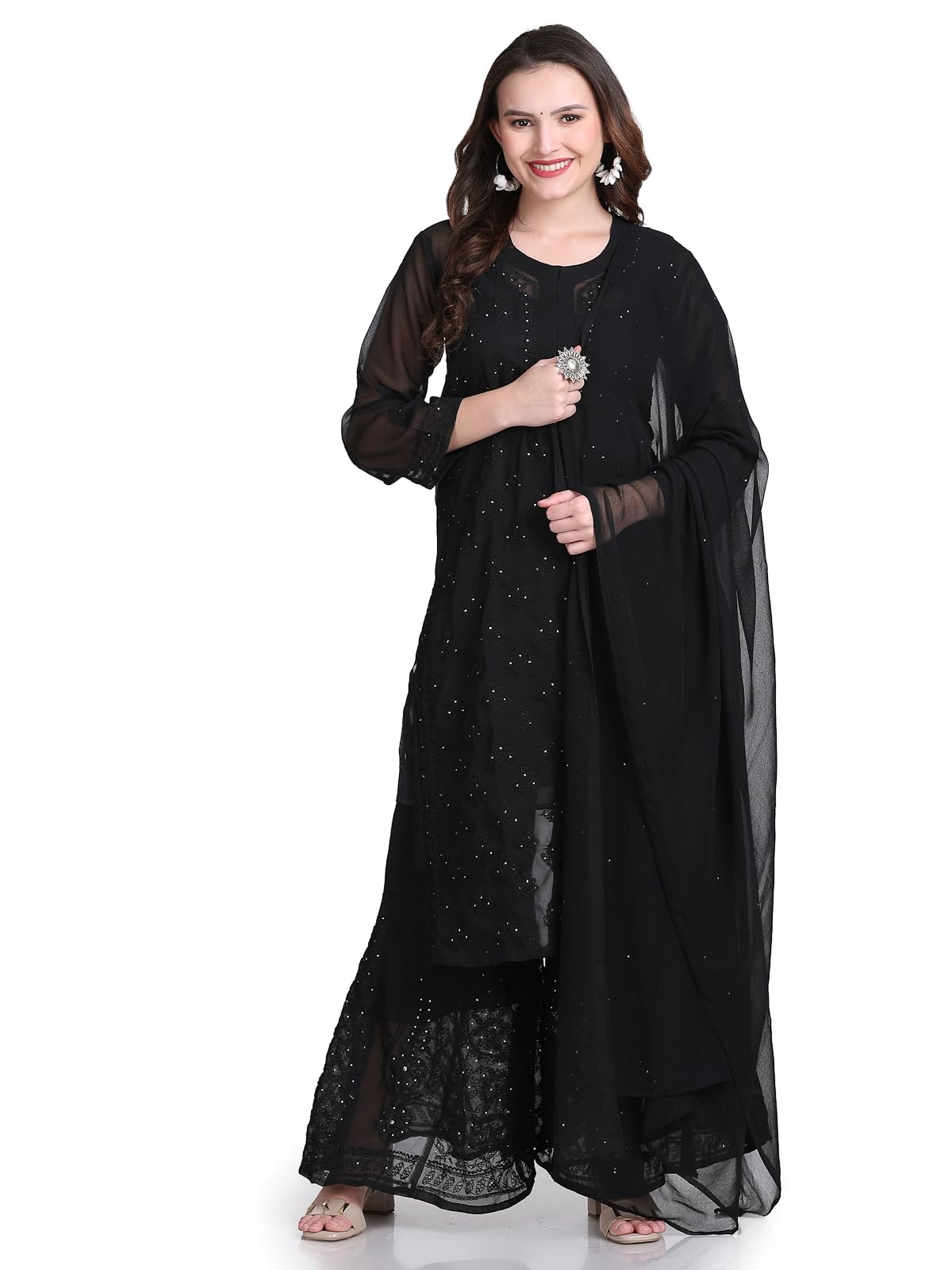 Hala Georgette Muquesh Embellishments Kurta, Sharara & Dupatta Set With Matching Cotton inner