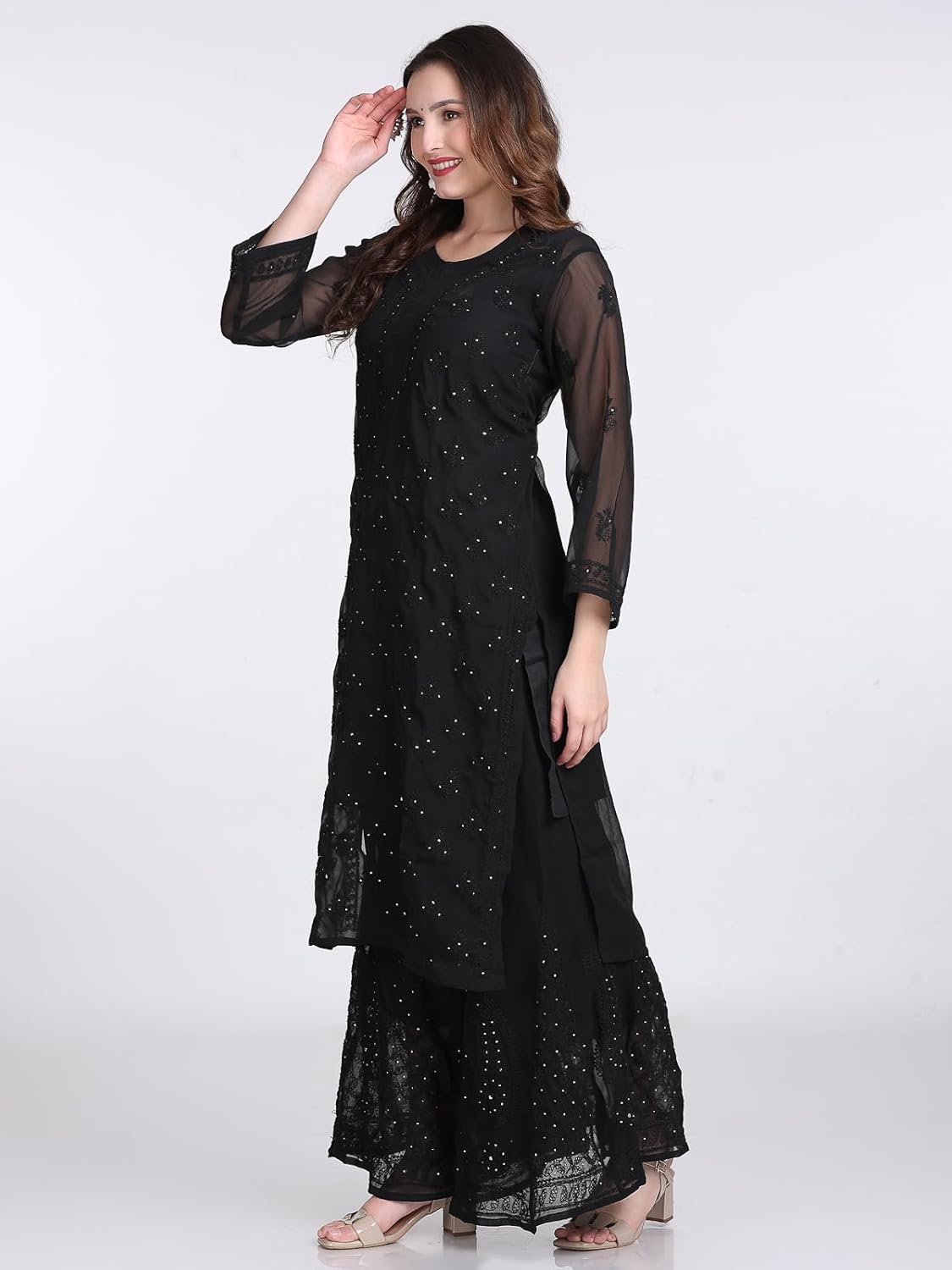 Hala Georgette Muquesh Embellishments Kurta, Sharara & Dupatta Set With Matching Cotton inner